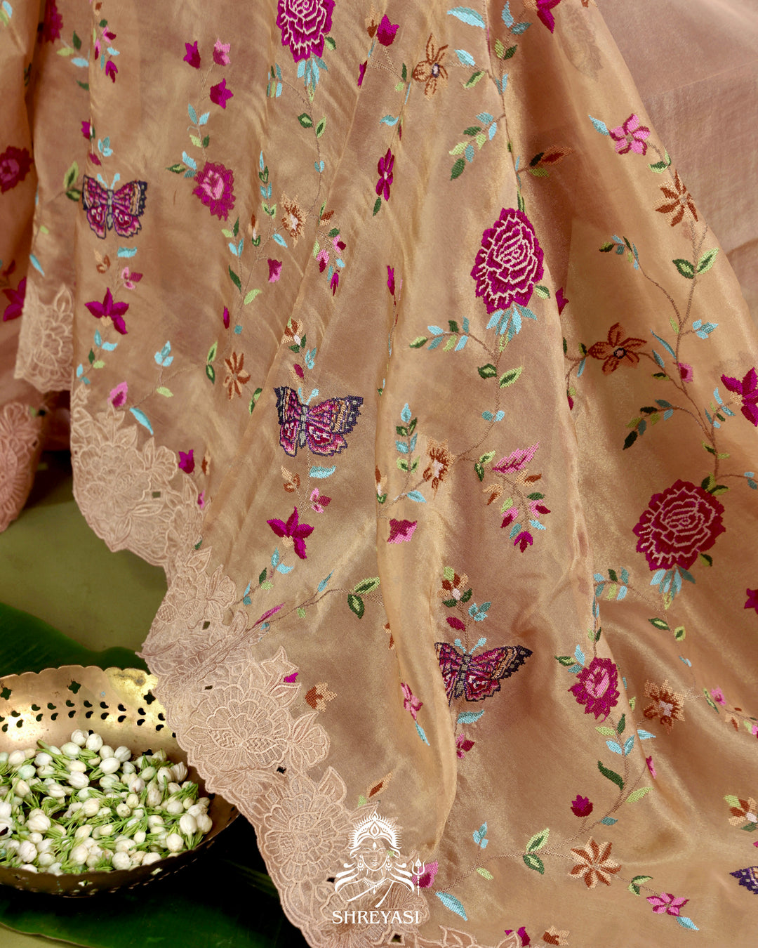 Handloom Pure Tissue Silk Saree with All Over Petit Point Embroidery and Chantilly Lace Borders