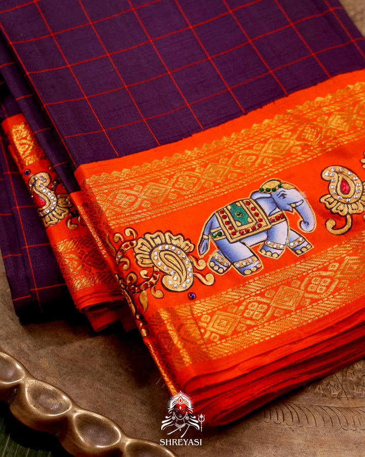 Handloom Pure Kanjivaram Silk Saree in Real Zari with Tanjore Yanai, Manga and Kamalam Artwork
