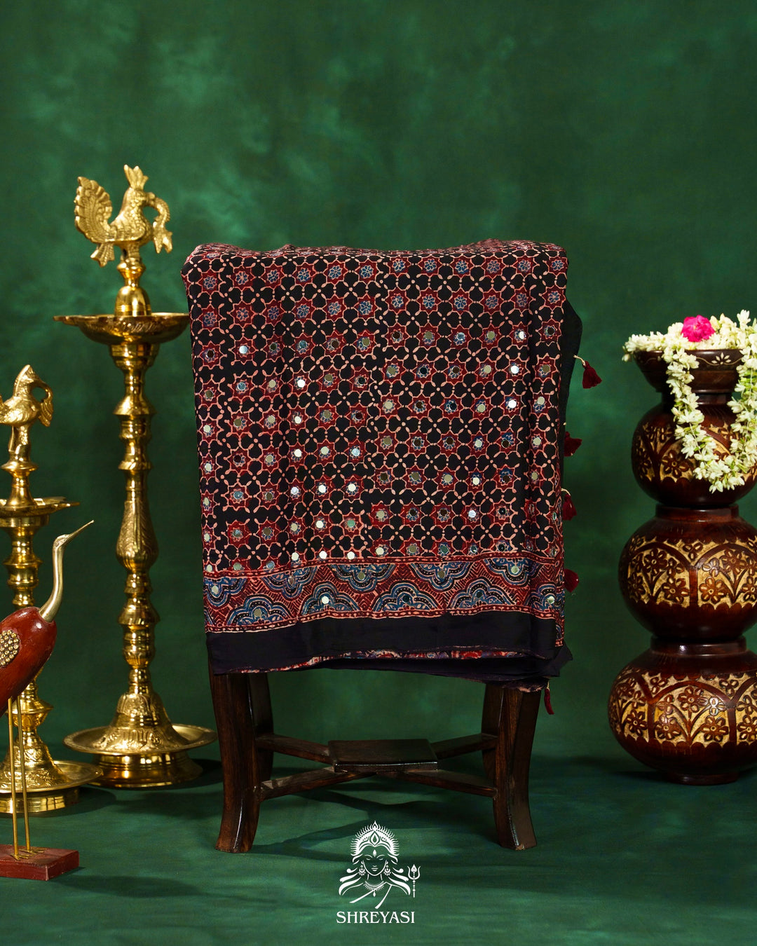 Mirror Work Pure Modal Silk Ajrakh Hand Block Printed Saree | Naturally Dyed Artisan Collection