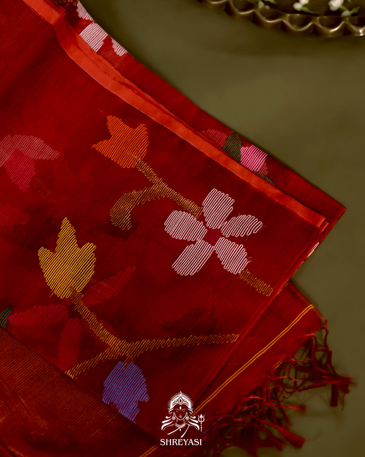 Handloom Pure Muslin Jamdani Saree in Full Jaal Needle Weaving