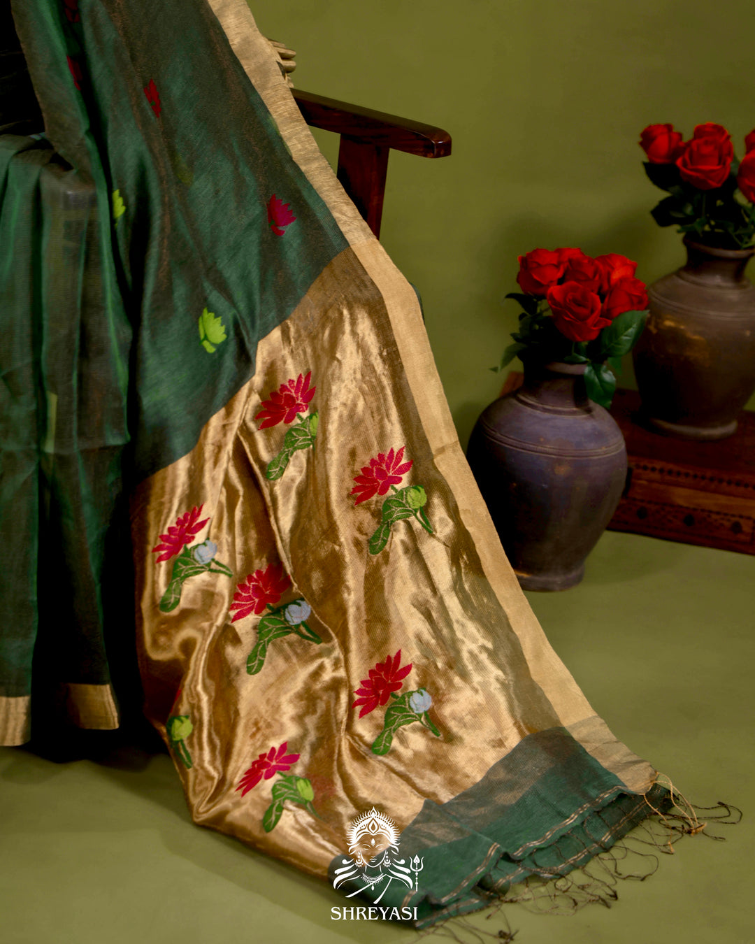 Handloom Silk Linen Jamdani Saree with Tissue Paithani Pallu