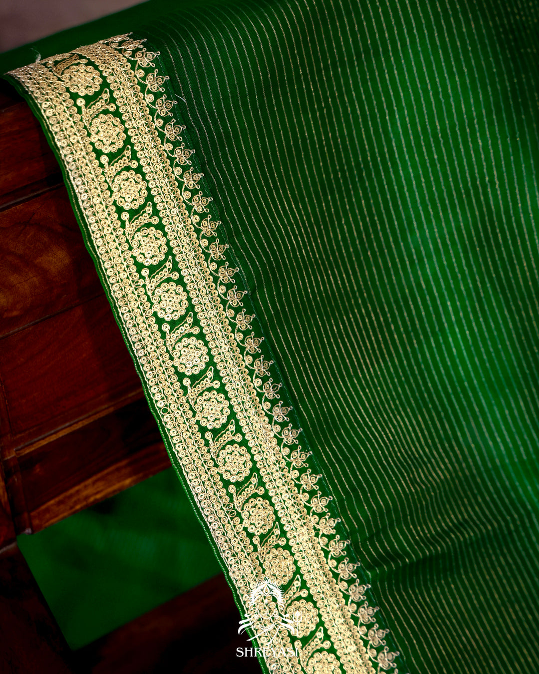 Pure Organza Silk Saree in Emerald Green with Embroidered Border
