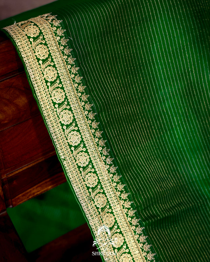 Pure Organza Silk Saree in Emerald Green with Embroidered Border