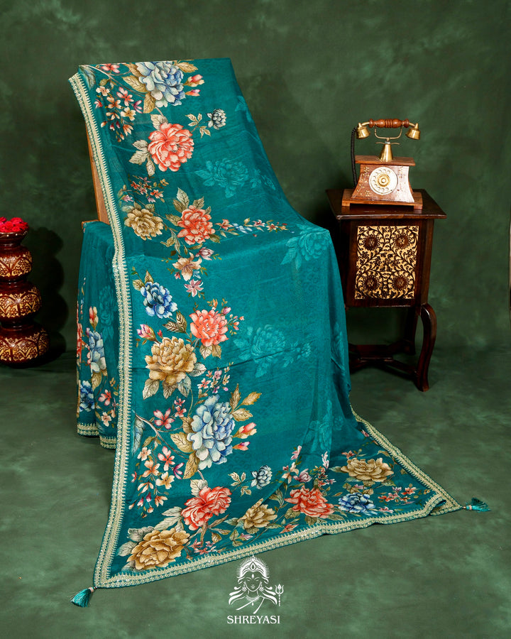 Floral Crepe Chiffon Saree with Embroidered Borders