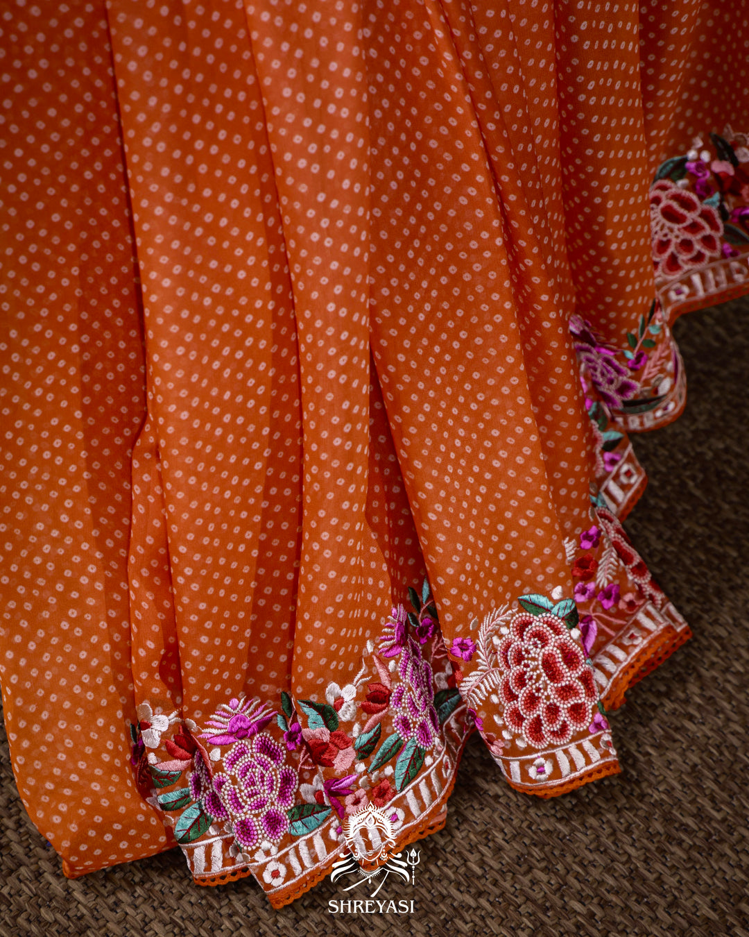 Pure Georgette Saree with Parsi Gara Style Embroidered Borders and Bandhej Body