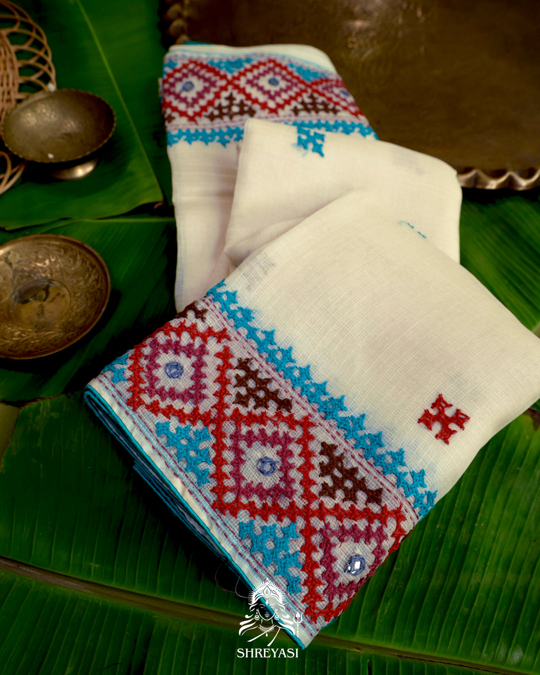 Handloom Pure Tussar Kota Saree with Kutch Hand Embroidery and Mirror Work
