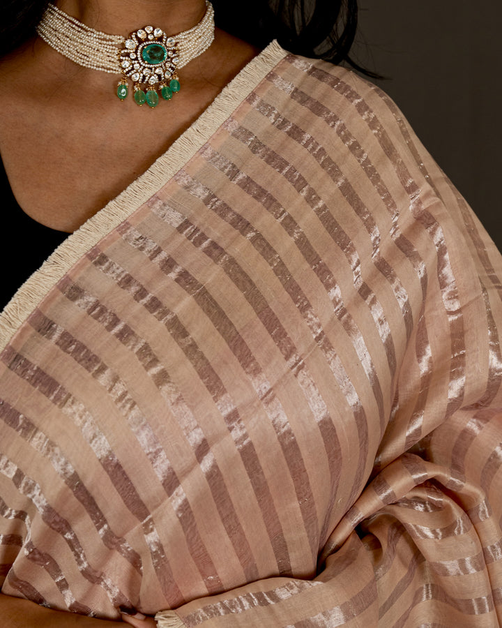 Handloom Pure Chanderi Silk Saree in Champagne Blush with Silver Zari Stripes and Embroidered Floral Blouse