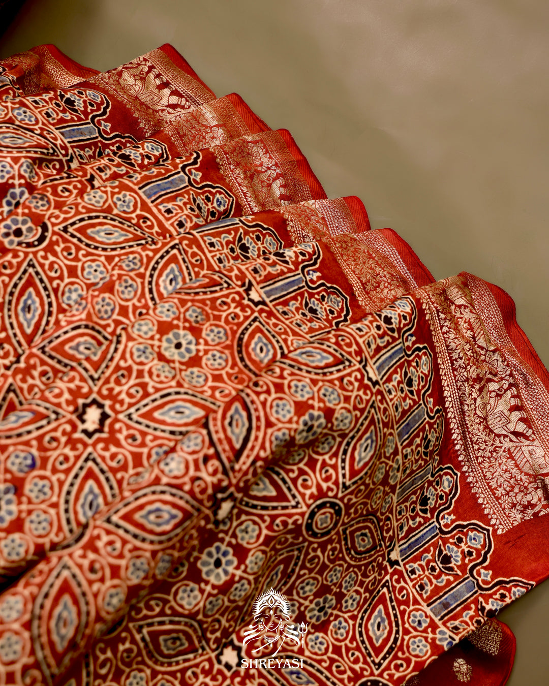 Hand Block Printed Ajrakh Dola Silk Saree with Zari Brocade Blouse