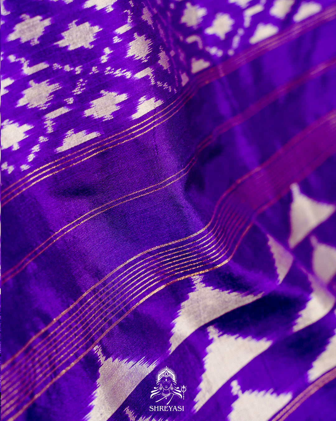 Handloom Pure Patola Silk Saree with Scalloped Floral Appliqué Embroidered Borders