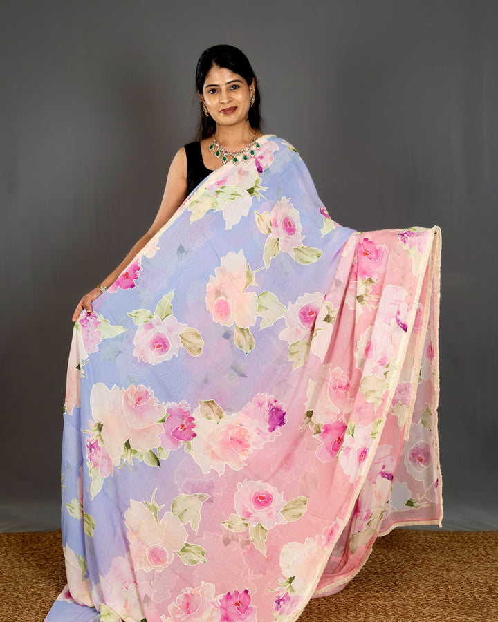 Pure Georgette Floral Saree with Thread Embroidery and Micro Sequins