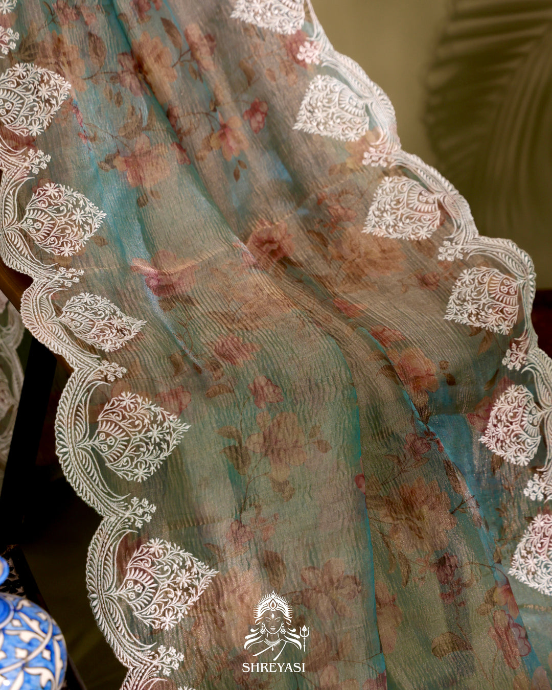 Handloom Pure Crushed Ektara Tissue Silk Saree with Floral Print and Scallop Embroidery
