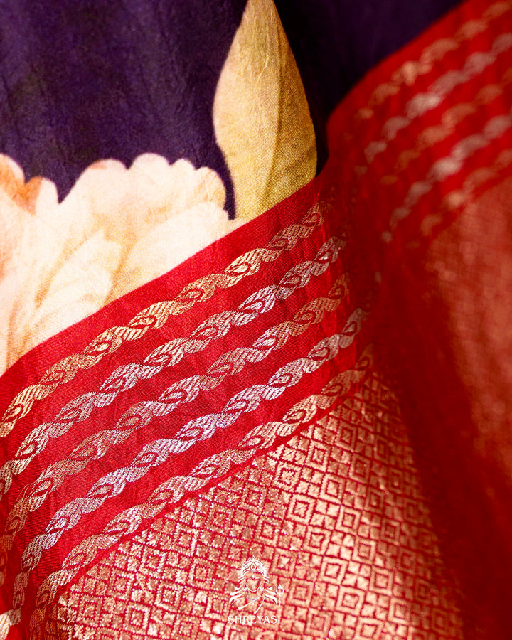 Handloom Pure Banarasi Silk Saree with Floral Print and Mashru Border