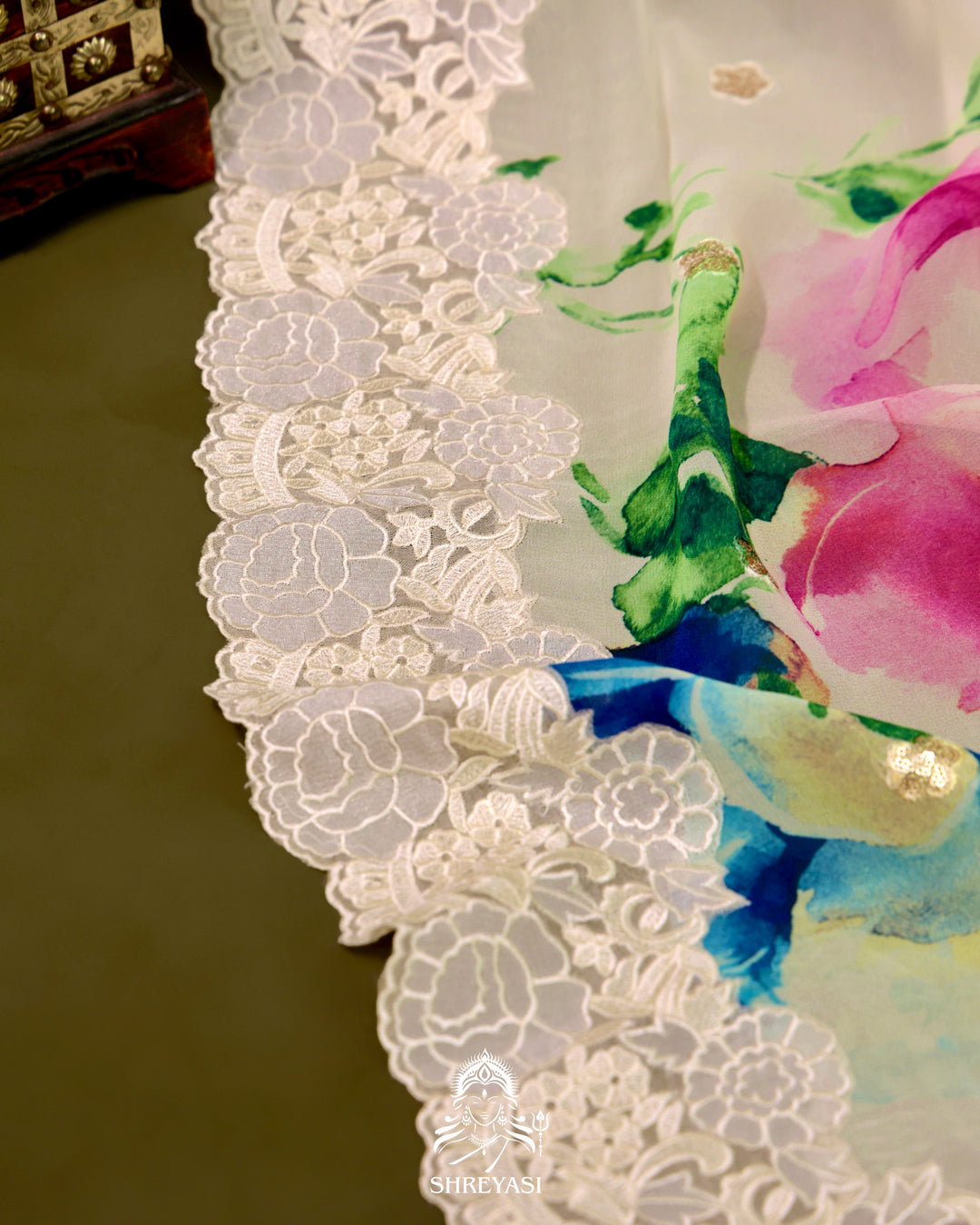 Floral Georgette Saree with Sequin Embroidery and Chantilly Lace Borders