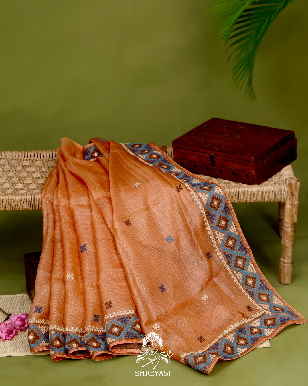 Handloom Pure Tussar Kota Saree with Kutch Hand Embroidery and Mirror Work