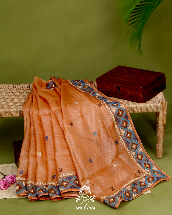 Handloom Pure Tussar Kota Saree with Kutch Hand Embroidery and Mirror Work