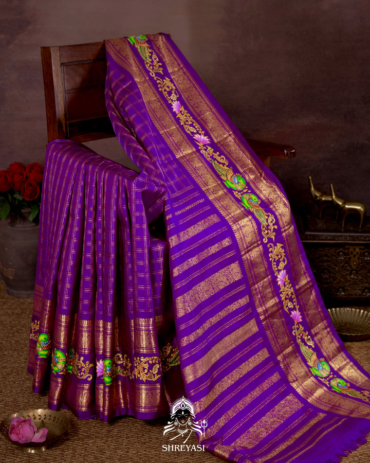 Handloom Pure Kanjivaram Silk Saree in Real Zari with Tanjore Kili and Kamalam Artwork