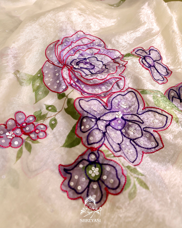Glass Tissue Saree with Floral Print and  Embroidery