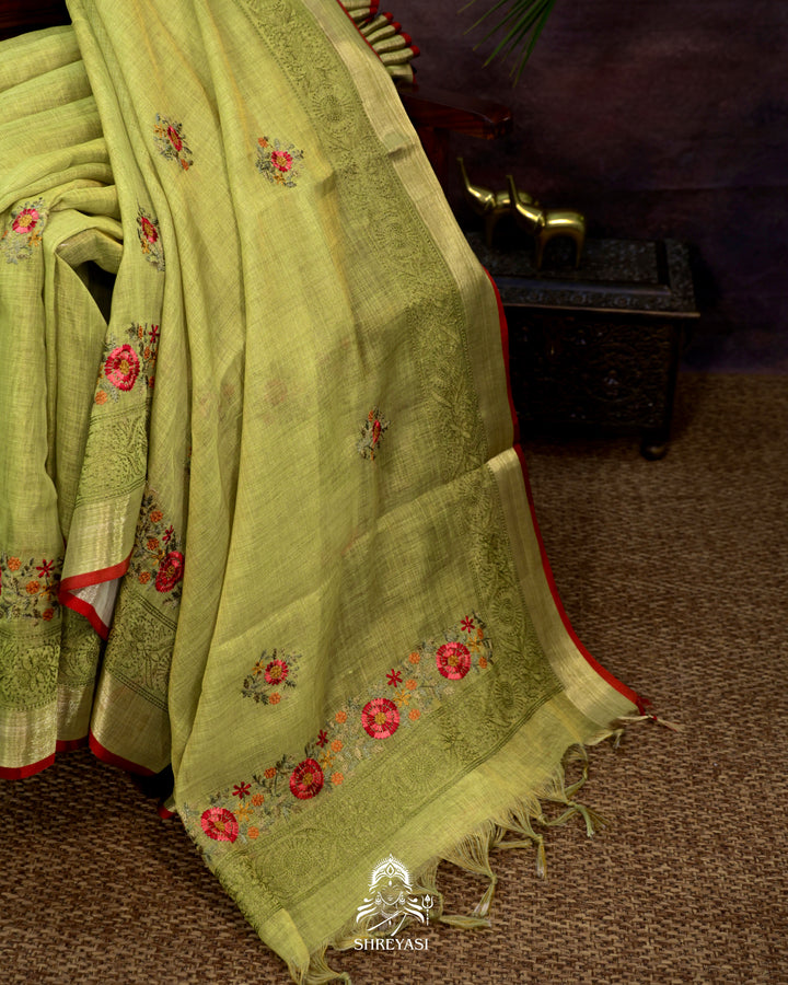 Bengal Linen Saree with Resham Floral Embroidery