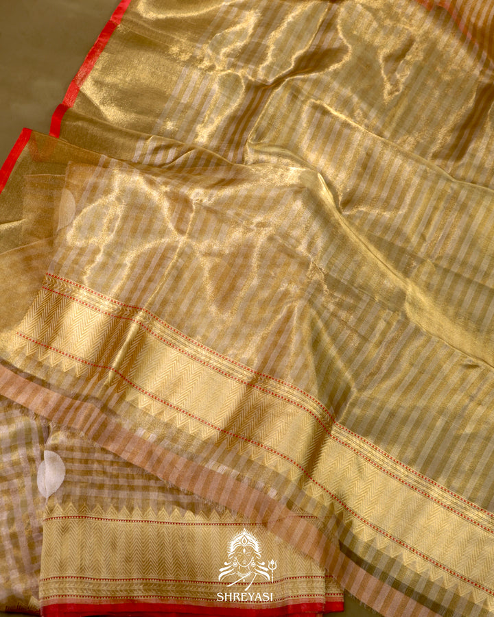 Banarasi Tissue Silk Saree in Kadhwa Weaving with Zari Polkas and Contrast Selvedge