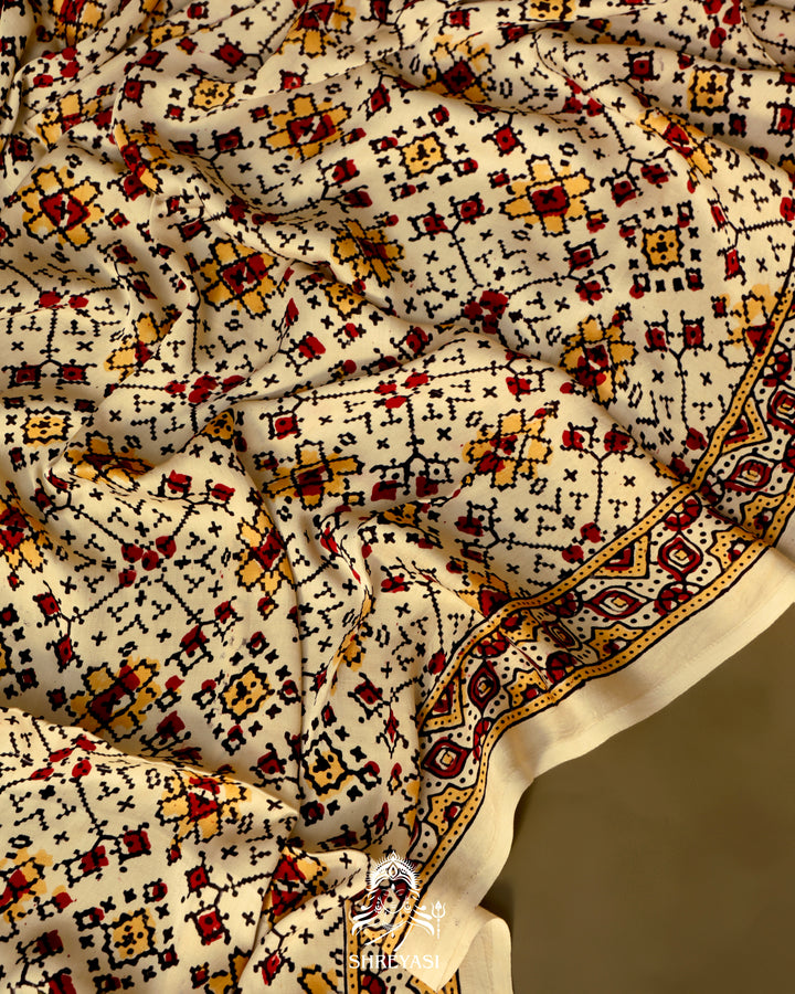 Pure Modal Gaji Silk Lagdi Patta Ivory Red Ajrakh Saree in Natural Dyes