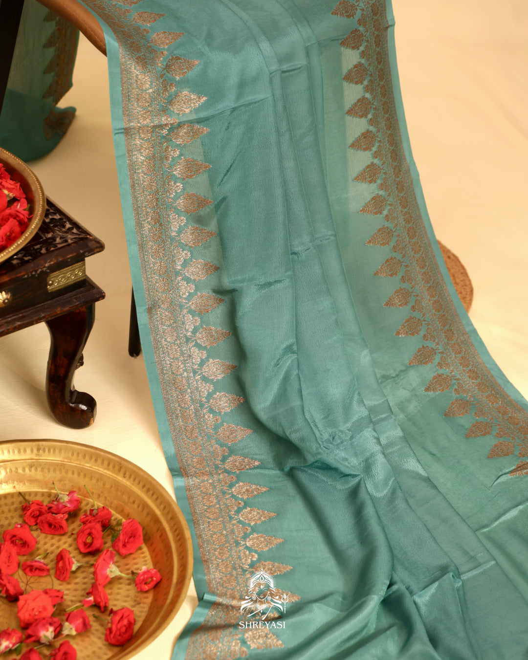 Banarasi Crepe Silk Saree with Floral Embroidered Blouse