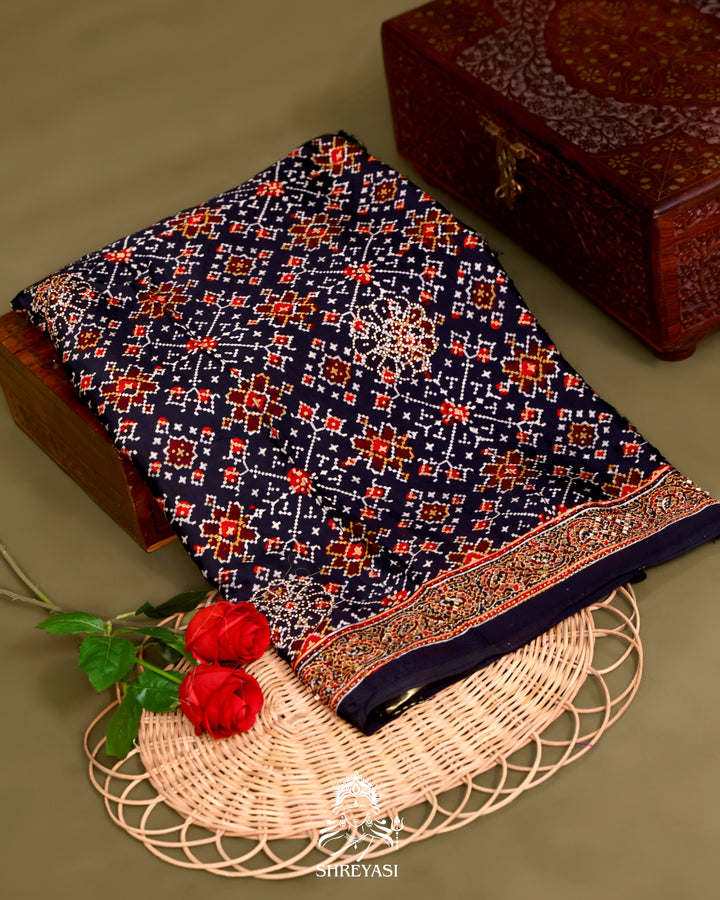 Pure Modal Silk Ajrakh Saree with Swarovski Crystal Embroidery