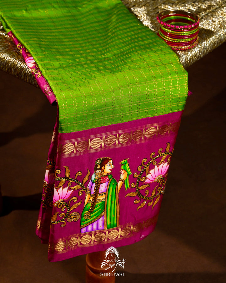 Traditional Tanjore Painting on Handloom Pure Kanjivaram Silk Sarees with Real Zari