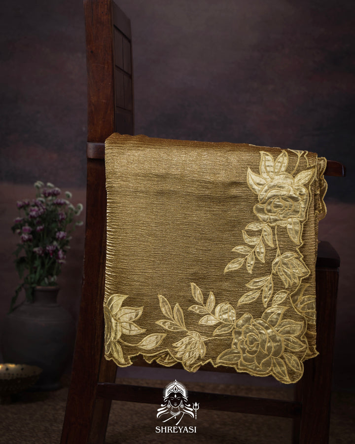 Handloom Pure Banarasi Crushed Tissue Silk Saree with Appliqué Borders