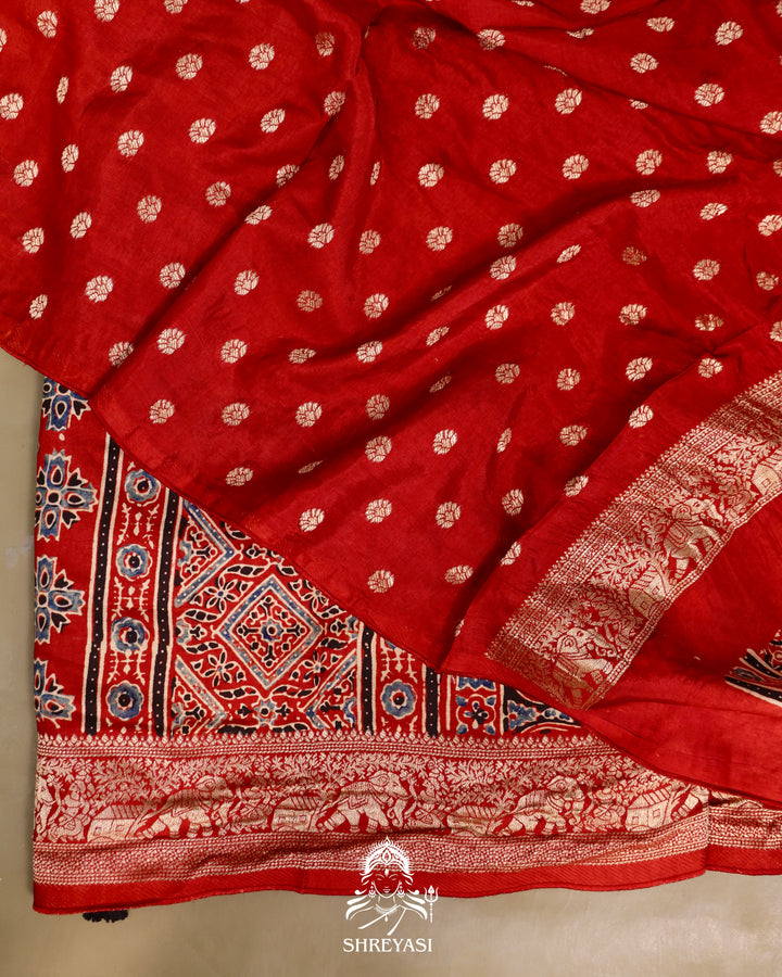 Hand Block Printed Ajrakh Dola Silk Saree with Zari Brocade Blouse