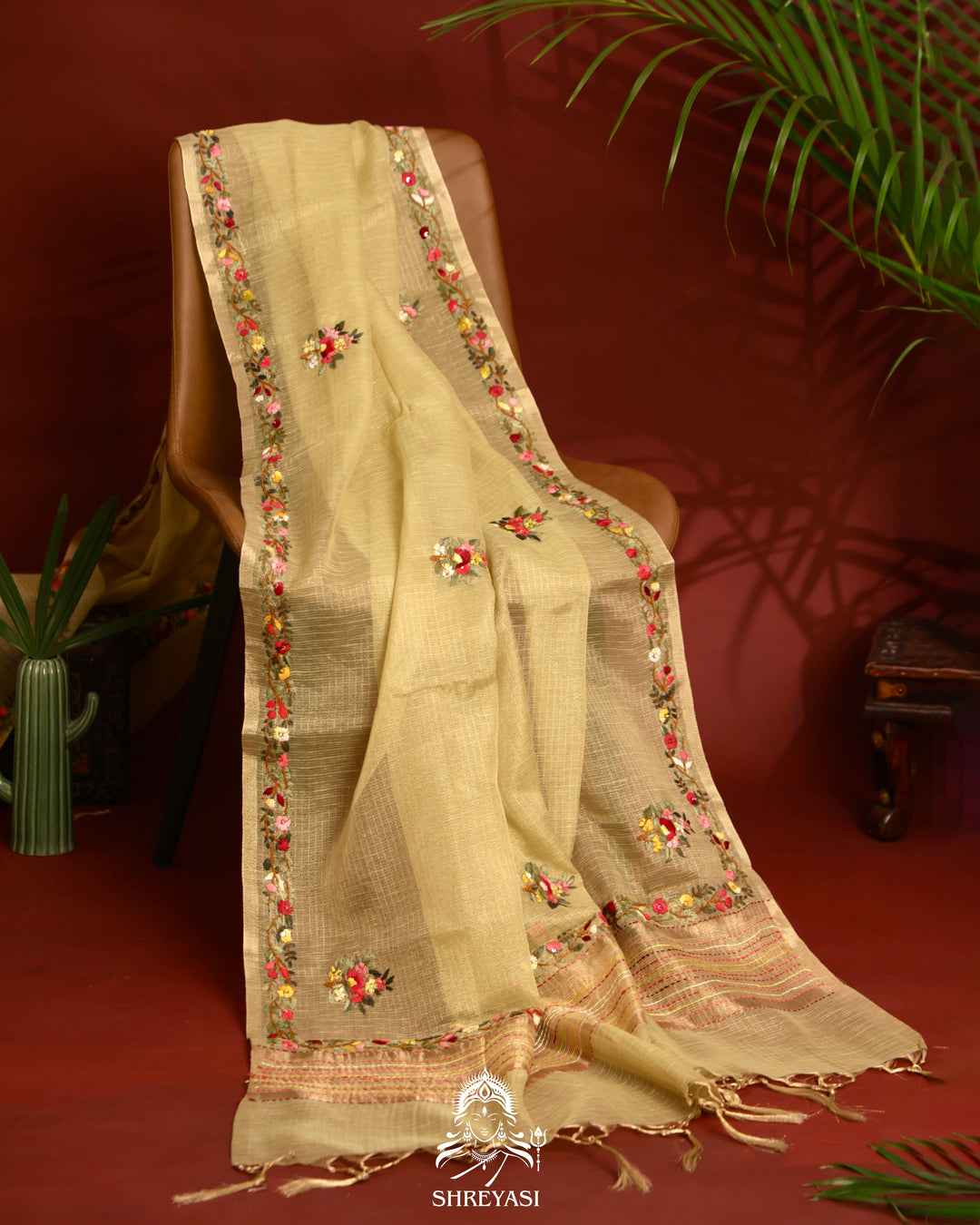 Tissue Linen Saree with Resham Floral Embroidery