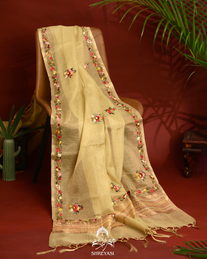 Tissue Linen Saree with Resham Floral Embroidery