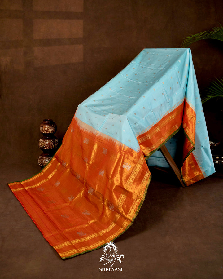 Handloom Pure Gadwal Silk Saree with Tissue Kuttu Border and full Bhuti Silk Blouse