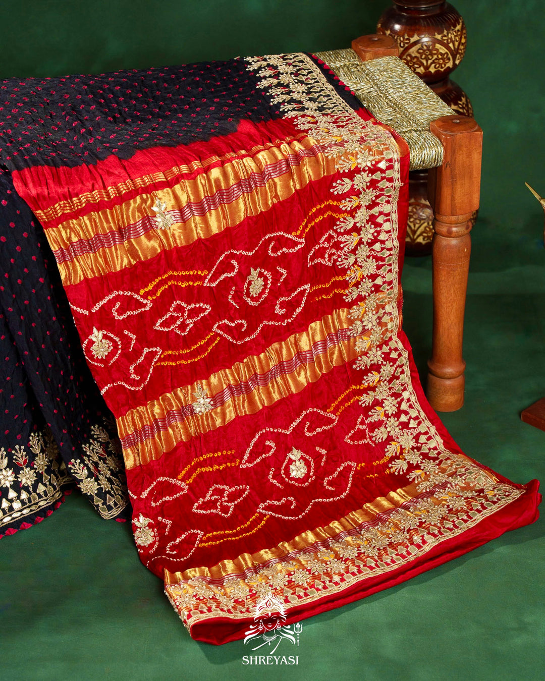 Handloom Pure Gaji Silk Saree with Hand-Knotted Bandhej, Gharchola Pallu & Heavy Gota Patti Embroidery