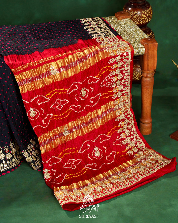 Handloom Pure Gaji Silk Saree with Hand-Knotted Bandhej, Gharchola Pallu & Heavy Gota Patti Embroidery