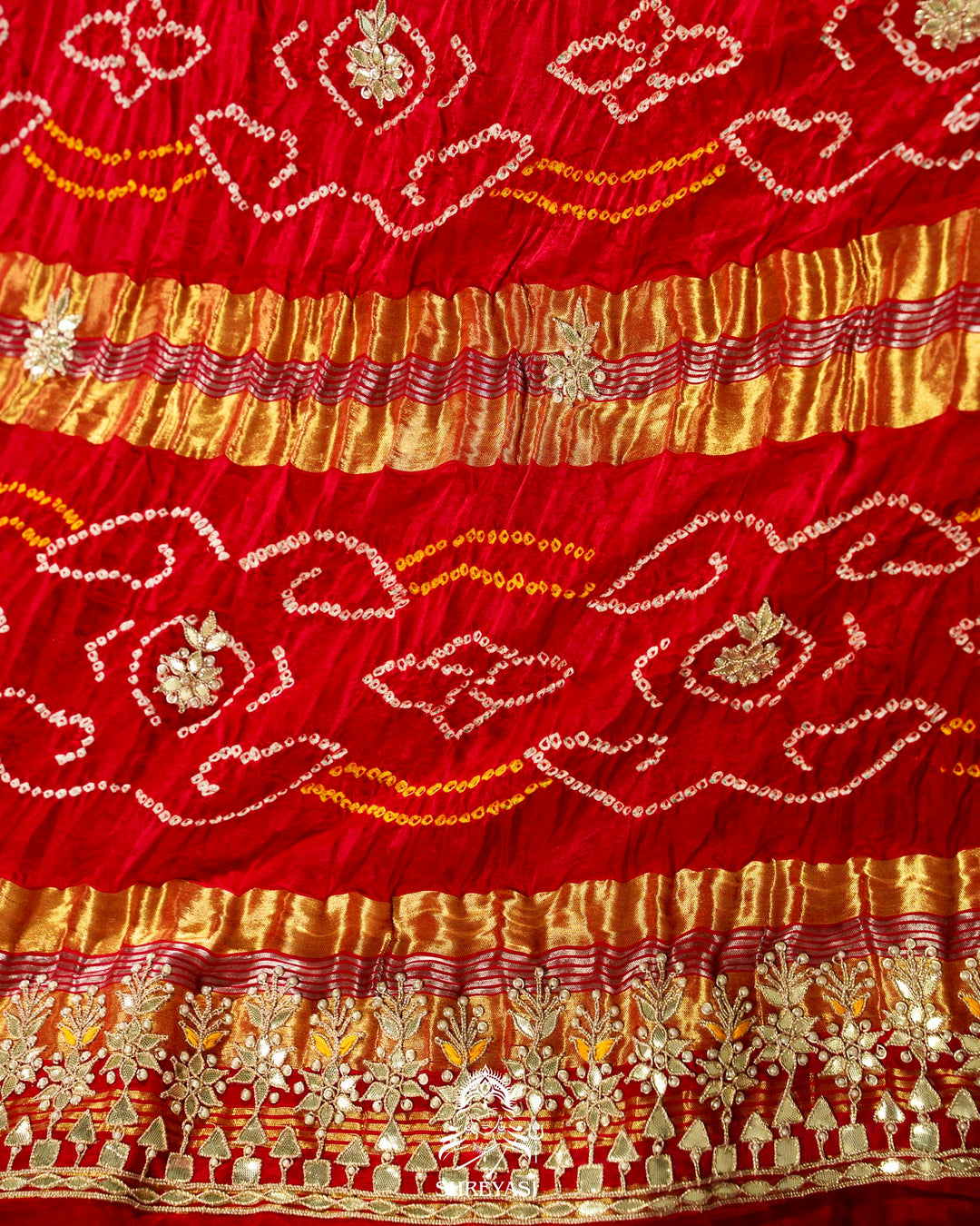 Handloom Pure Gaji Silk Saree with Hand-Knotted Bandhej, Gharchola Pallu & Heavy Gota Patti Embroidery