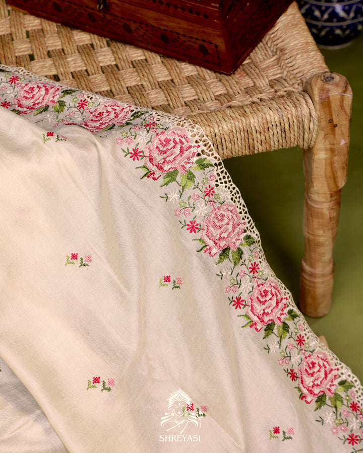 Tussar Silk Saree with Petit Point Embroidery