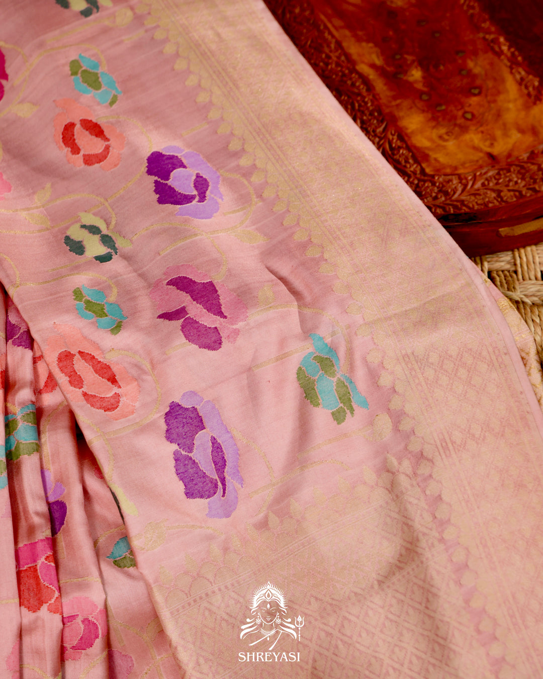 Banarasi Ektara silk saree with kadhwa meenakari weaving and all-over jamdani-inspired floral motifs