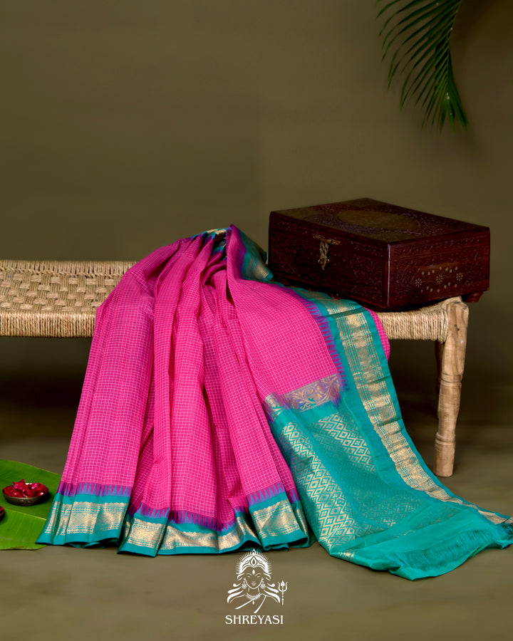 Handloom Pure Gadwal Cotton Saree with Contrast Silk Border and Zari Pallu