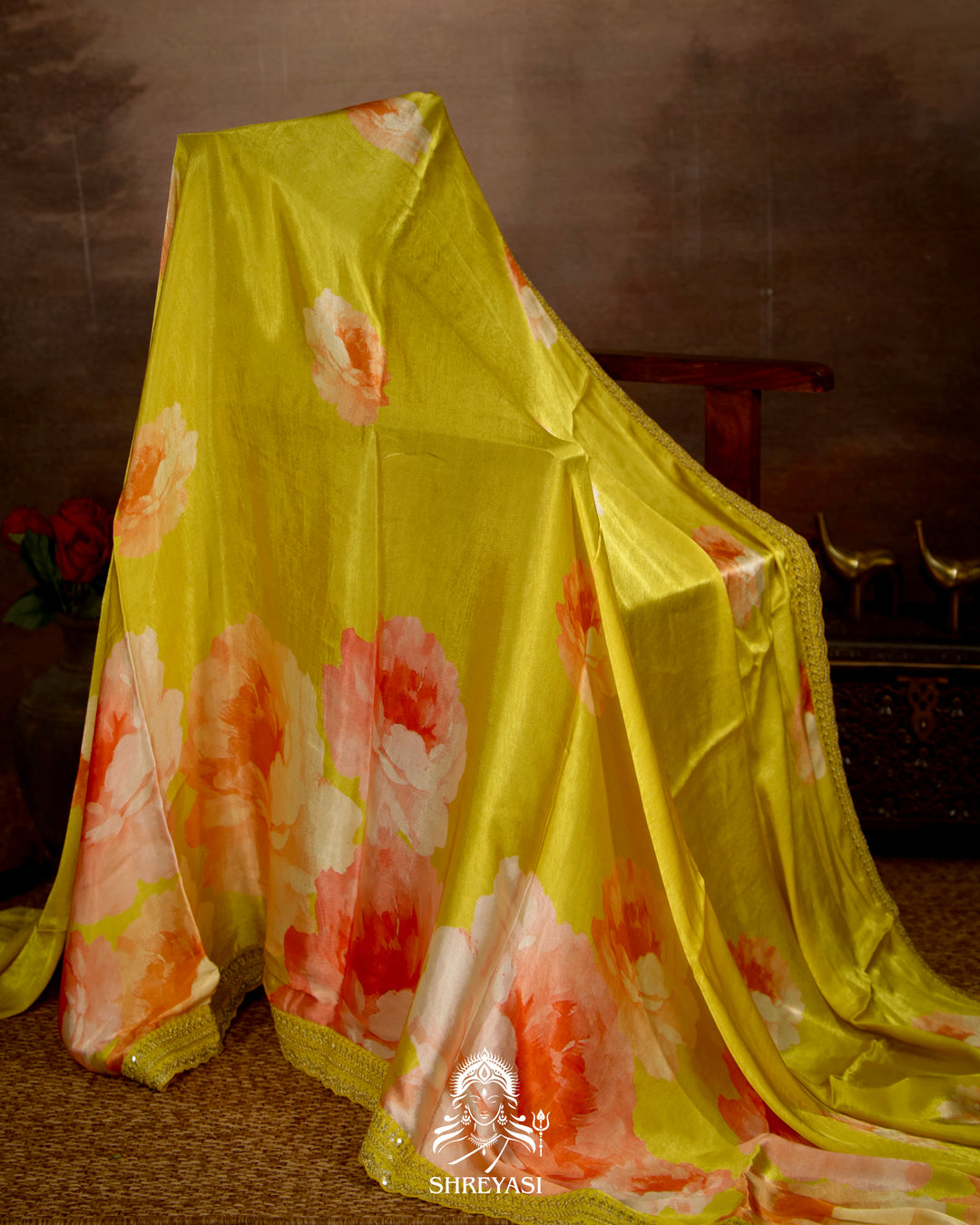 Lime Yellow Chinon Satin Floral Saree with Embroidered Border
