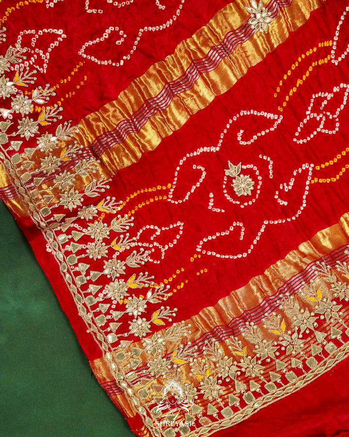 Handloom Pure Gaji Silk Saree with Hand-Knotted Bandhej, Gharchola Pallu & Heavy Gota Patti Embroidery