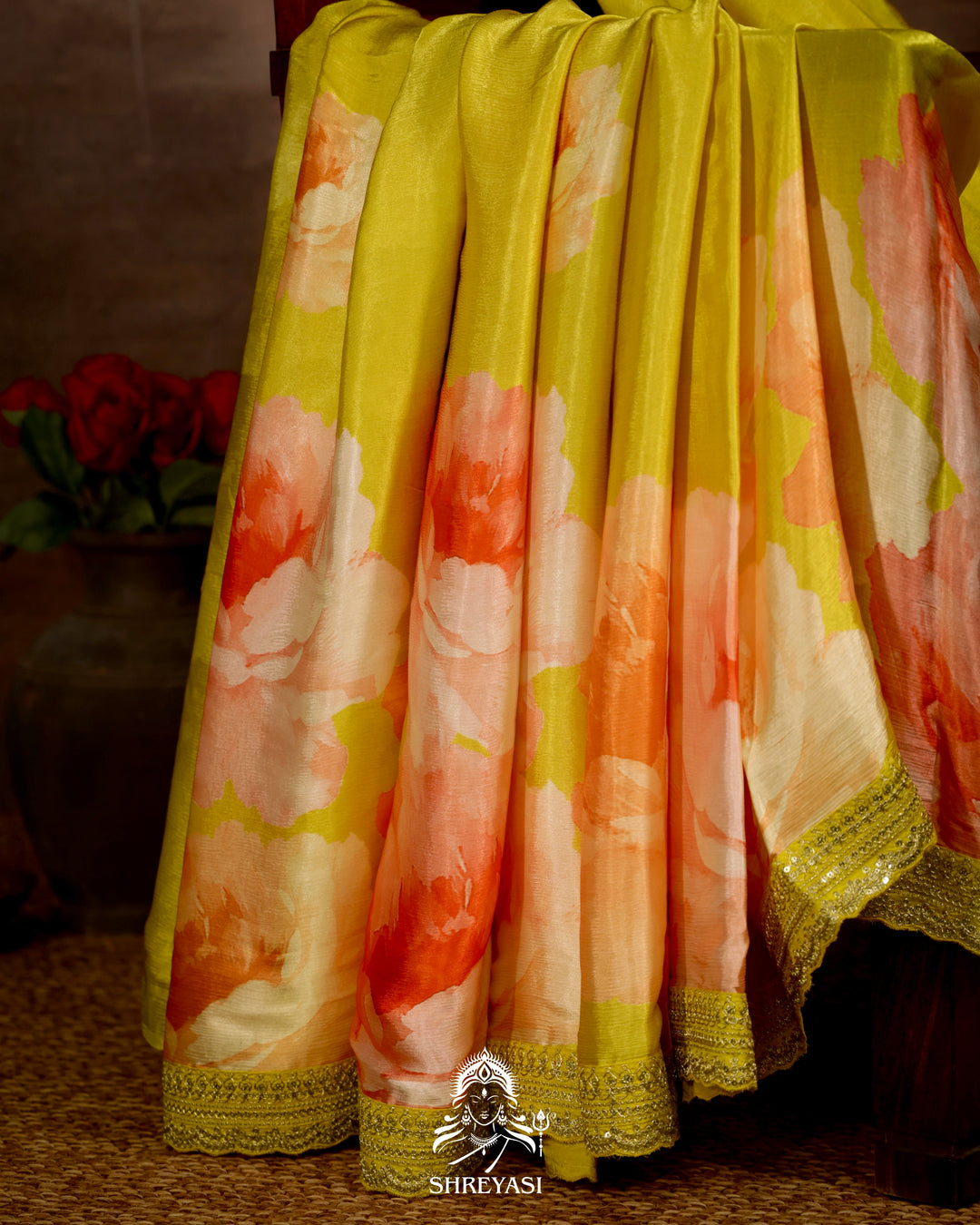 Lime Yellow Chinon Satin Floral Saree with Embroidered Border