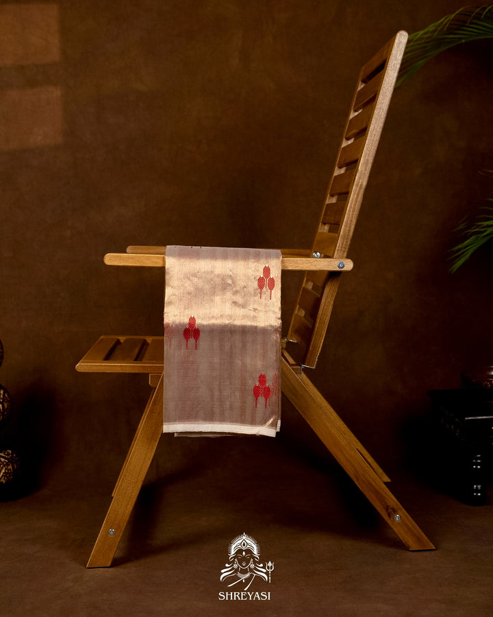 Handloom Pure Chanderi Tissue Silk Saree with Woven Bhutis and Striped Blouse