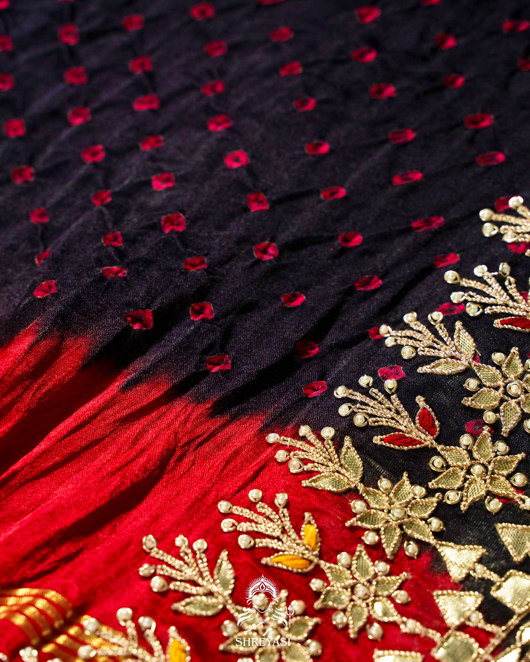 Handloom Pure Gaji Silk Saree with Hand-Knotted Bandhej, Gharchola Pallu & Heavy Gota Patti Embroidery