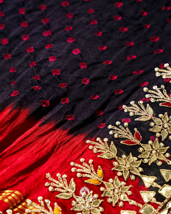 Handloom Pure Gaji Silk Saree with Hand-Knotted Bandhej, Gharchola Pallu & Heavy Gota Patti Embroidery