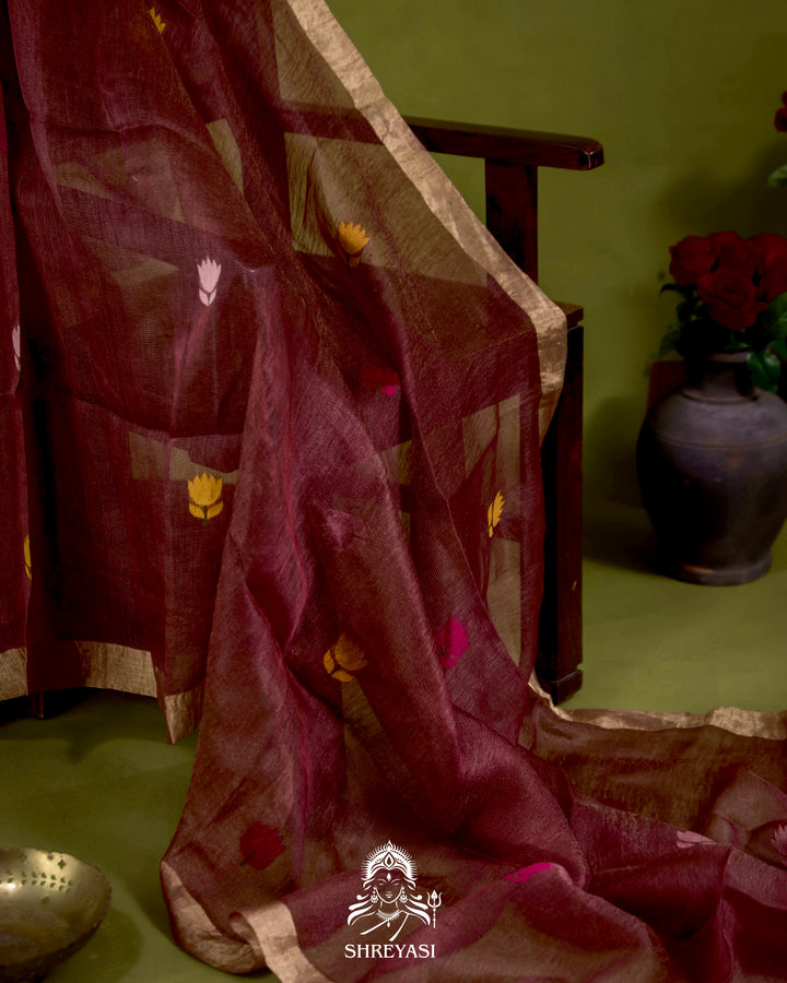 Handloom Silk Linen Jamdani Saree with Tissue Paithani Pallu