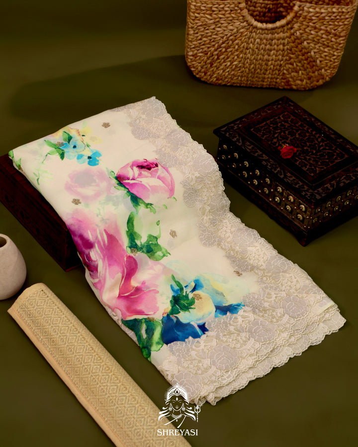 Floral Georgette Saree with Sequin Embroidery and Chantilly Lace Borders