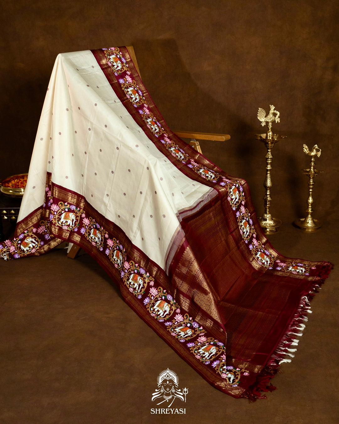 Traditional Tanjore Painting on Handloom Pure Kanjivaram Silk Sarees with Real Zari