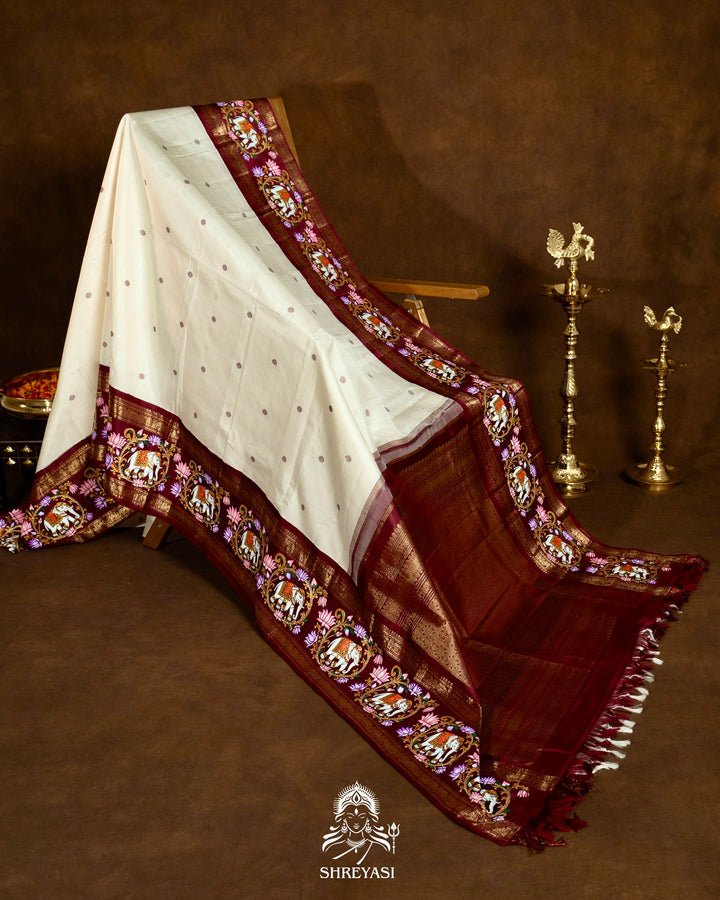 Traditional Tanjore Painting on Handloom Pure Kanjivaram Silk Sarees with Real Zari