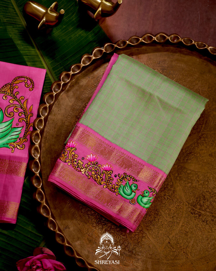 Handloom Pure Kanjivaram Silk Saree in Real Zari with Tanjore Annapakshi and Kamalam Artwork