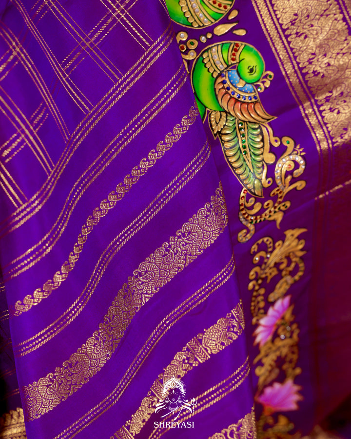 Handloom Pure Kanjivaram Silk Saree in Real Zari with Tanjore Kili and Kamalam Artwork